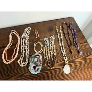 Vintage Lot Of Beaded Stone Jewelry Amethyst Turquoise Shell Tigers Eye
